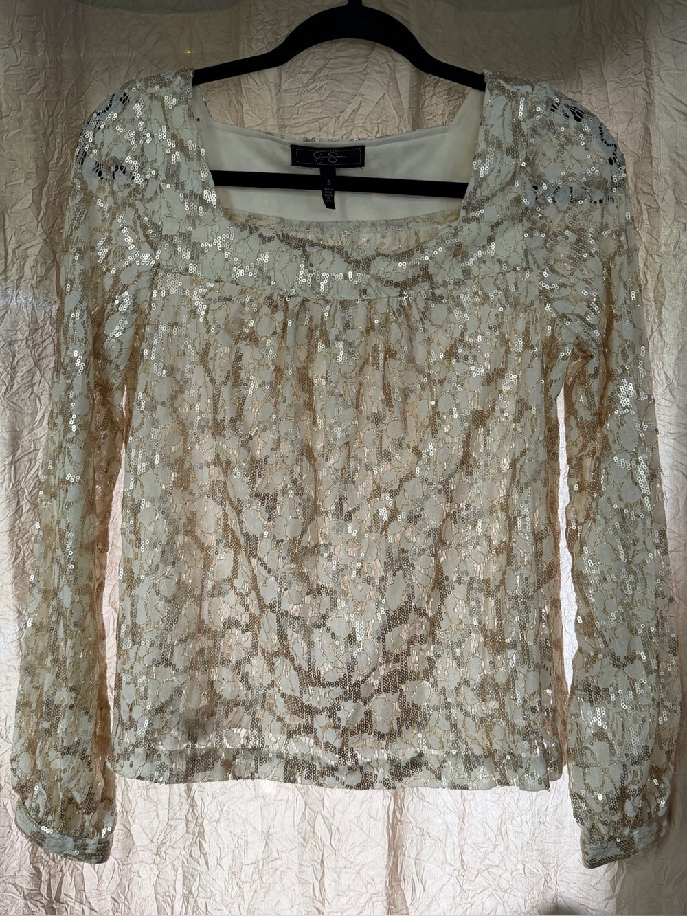 Jessica Simpson Ivory Sequin Lace Long Sleeve Blouse